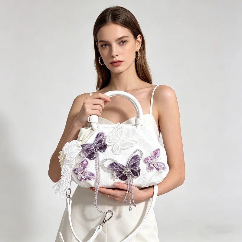 Luxury Fashion Women Handbags Butterfly Embroidery Cloud Bag Lace Pearl Tassel Crossbody Bag Elegant Party Evening Clutch Purse