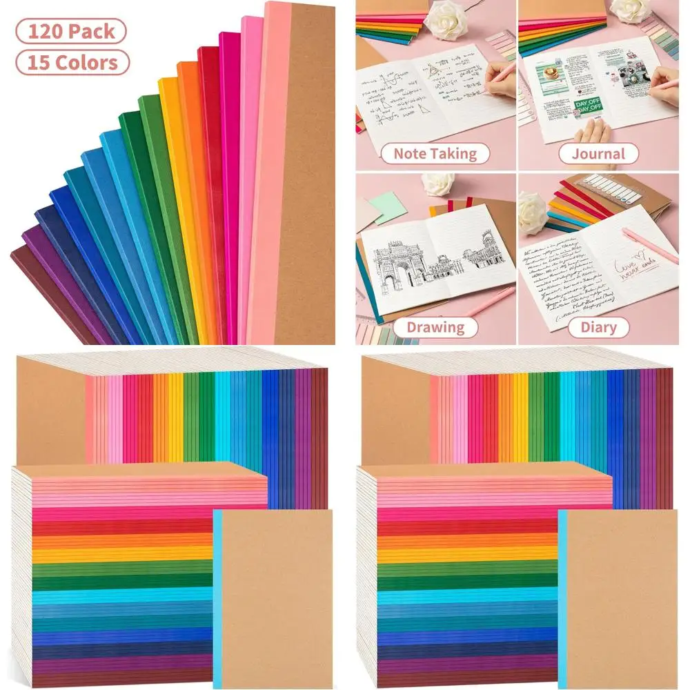 

Массовые блокноты формата А5, упаковка из 120 штук, с линейкой для колледжа, крафт-обложка с радужными шипами, 15 цветов, 60 страниц