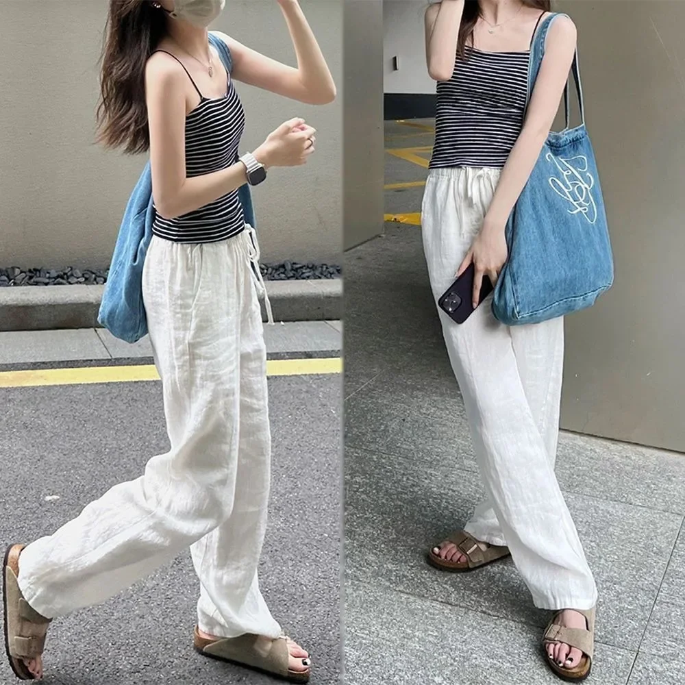 

Women Fashion Pants Summer Autumn Straight Wide Leg Minimalist Cotton Linen Casual Trousers