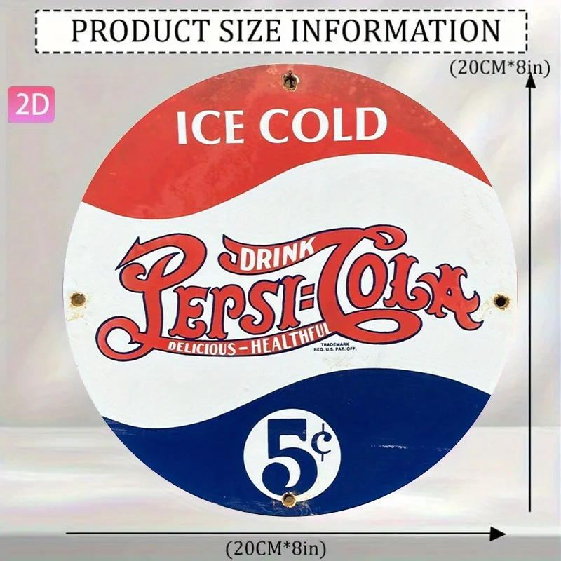 2D plano, 2D plano "Pepsi" retro decoração de parede sinal de alumínio, adequado para jardim, cozinha, bar, sala, área externa, garagem, clubes, C