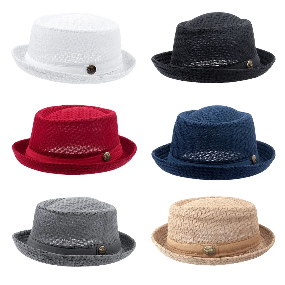 

Summer Mesh Straw Pork Pie Hat Beach Party Fedora Cap Boater Porkpie Breaking Bad Flat Hat Boater Derby for Men Women soft 6pcs
