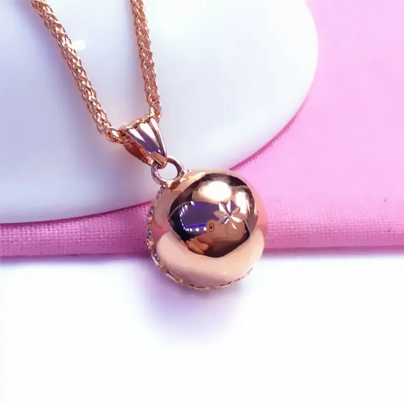 Classic 585 Purple Gold Pendant for women Simple and Shiny Plated 14K Rose Gold Ball bead Necklace clavicle chain Jewelry