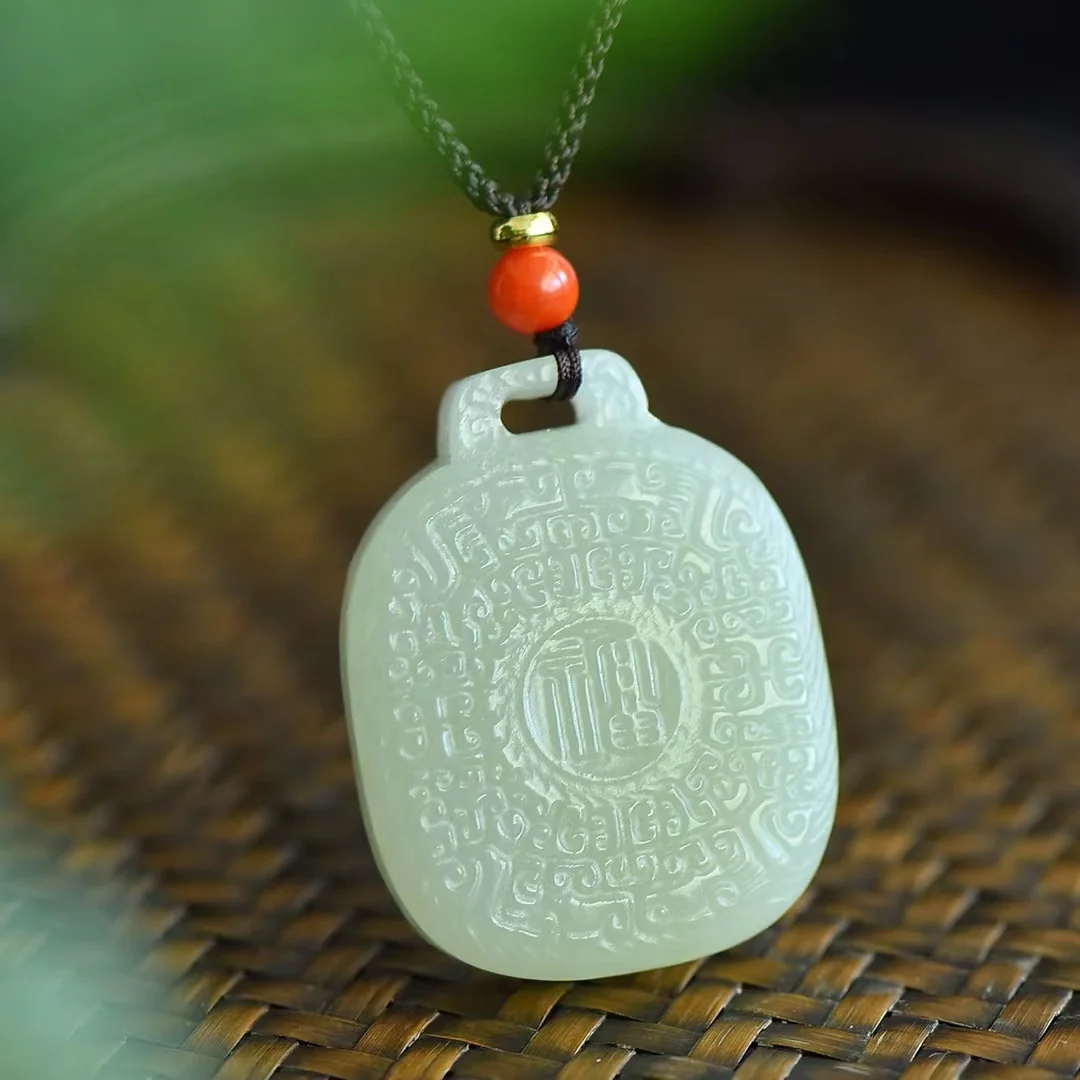 Hetian Jade Vintage  Longevity Lock Double-sided Carving Pendant Jewelry 4023#