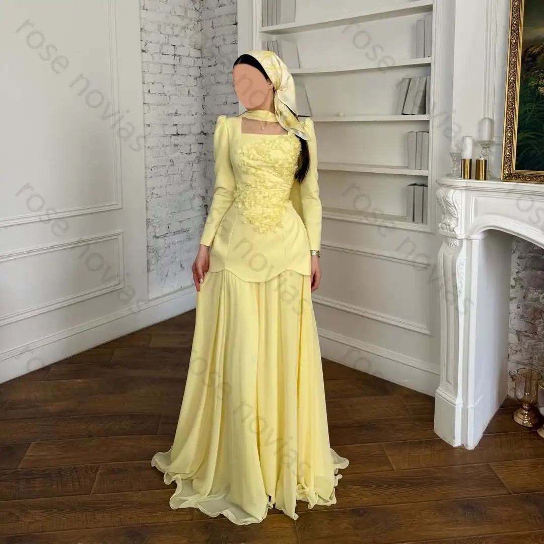Pale Butter Yellow Square Neck Keyhole Cutout Long Sleeve 3D Floral Beaded Embroidery Scallop Hem Waist Layer Pleated Chiffon