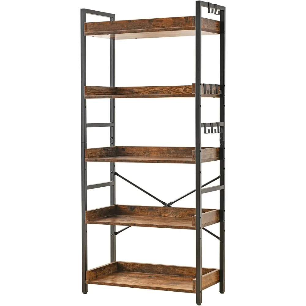 Adjustable 5-Tier Open Bookcase, Rustic Farmhouse Industrial Wood & Black Metal Shelves for Home Office Living Room Bedroom