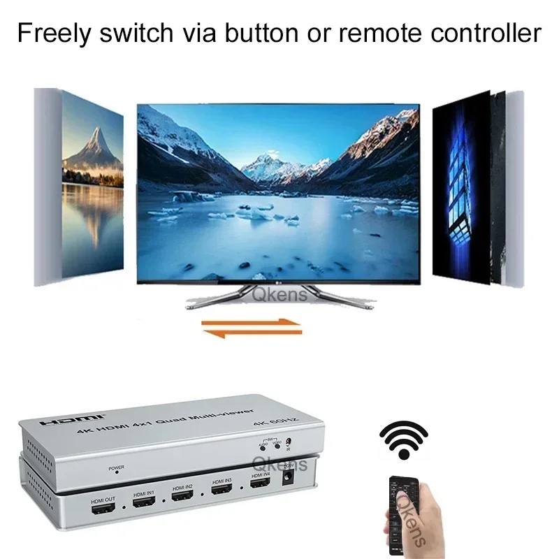 4K 60Hz HDMI Multiviewer 4x1 Seamless Switch Quad Screen Multi-Viewer Support 90° 180° 270° Flip PIP Picture in Picture 8 Modes