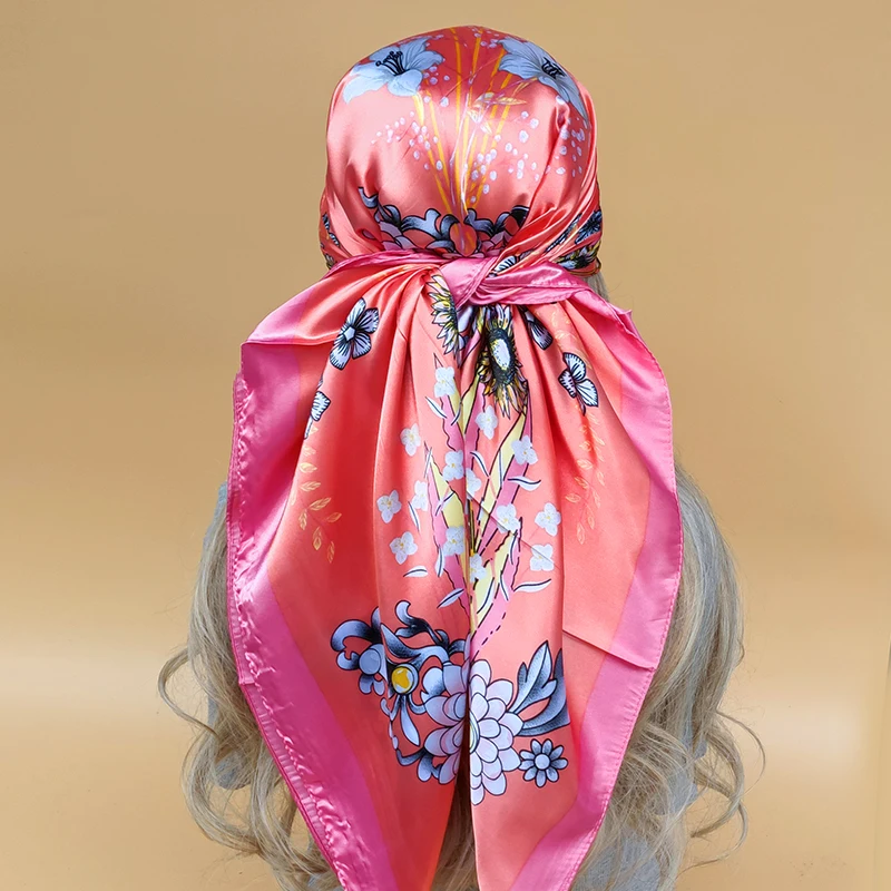 New 90X90CM Beach Shawls Popular Design Square Silk Hijab Women Luxury Sunscreen Scarves Fashion The Four Seasons Headscarf