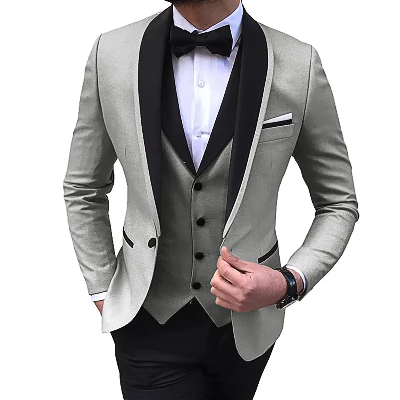 2023 Fashion New Men Business 3 Pcs Suits Set Coat Trousers / Male Slim Wedding Groomsmen Colorblock Blazers Jacket Pants Vest