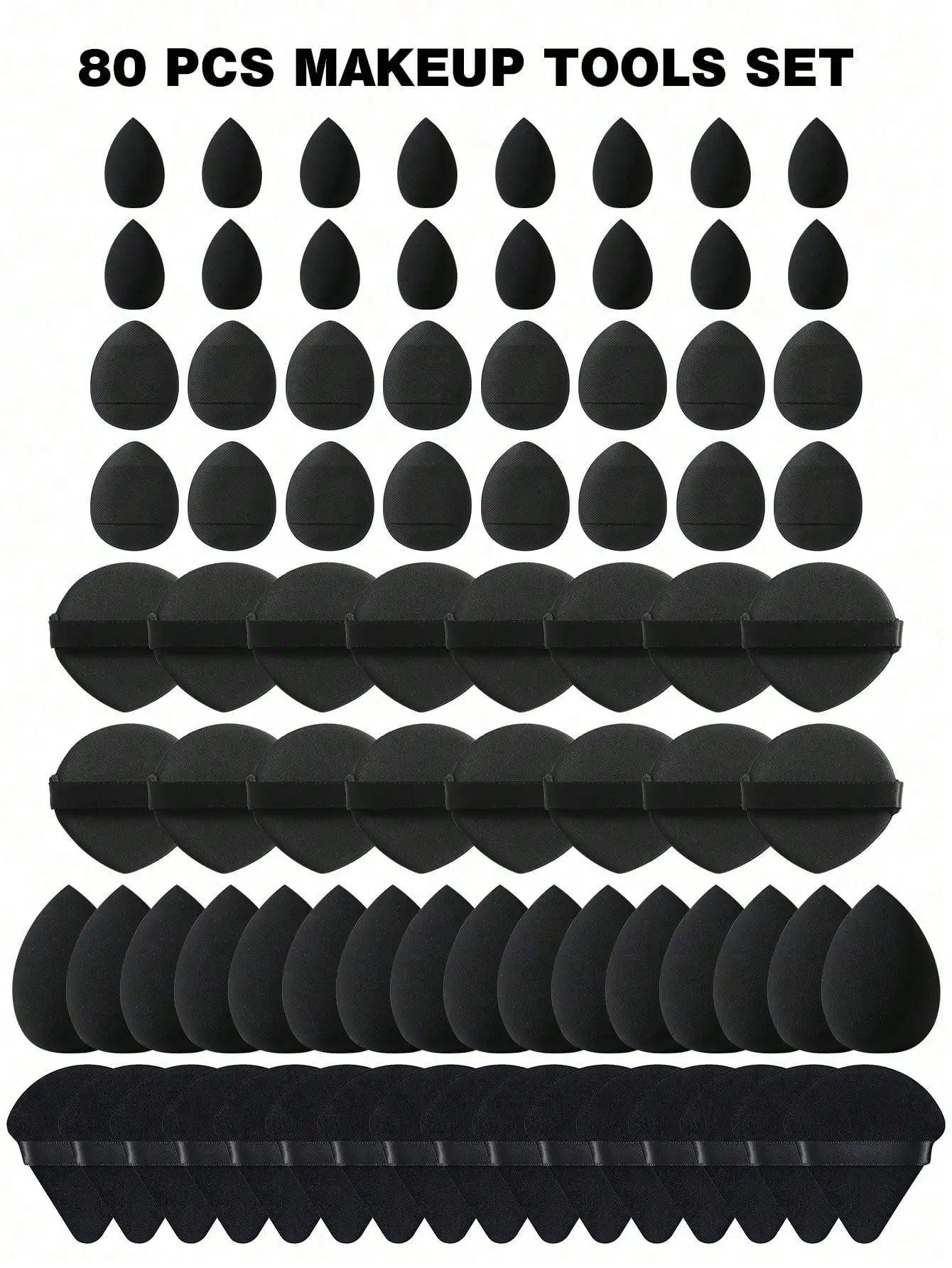 Assorted Black Makeup Puffs Triangle Finger‑strap Powder Puff & Teardrop Beauty Sponge Wet Dry Cosmetic Kit