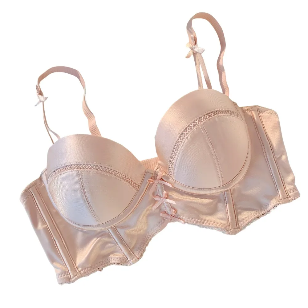 Satin Sweet Wireless Deep V Bras Bowknot 3/4 Cup Push Up Bras Lingerie Close Fitting Underwear for Women Daily