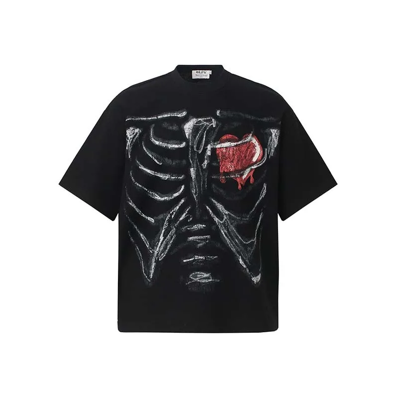 Men's Fashion High Street Skeleton Hip Hop T Shirt Streetwear Oversized Printed Tees Loose Fit Vibe Style Y2K Short Sleeve Tops