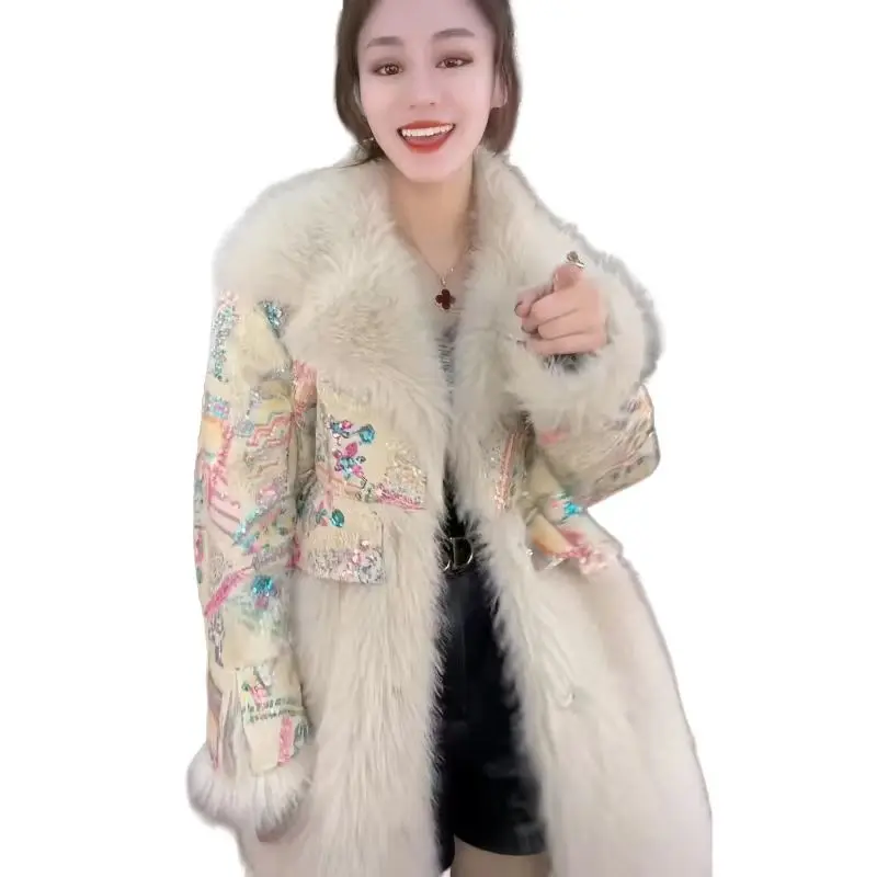 Faux Fur Coat for Women,Spliced Jacket, Sequins Overcoat, Loose Thicken Warm Coat, High Quality, Female Winter, New, 2024