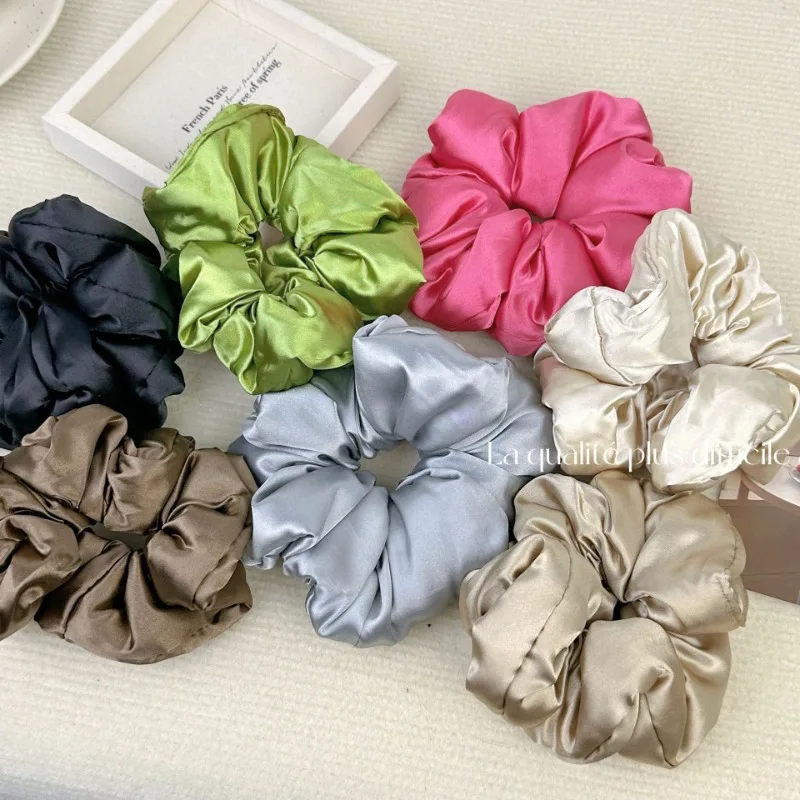 French Lazy Style Satin Pleated Scrunchie Headwear for Women 2024 Summer Korean Colored Ruffled Large Hair Band Hair Accessories