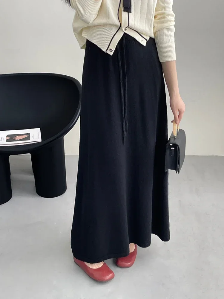 Vintage Drawstring Knitted Skirts for Woman Autumn New Korean Fashion Long Skirts for Women Loose High Waist A-line Black Skirts