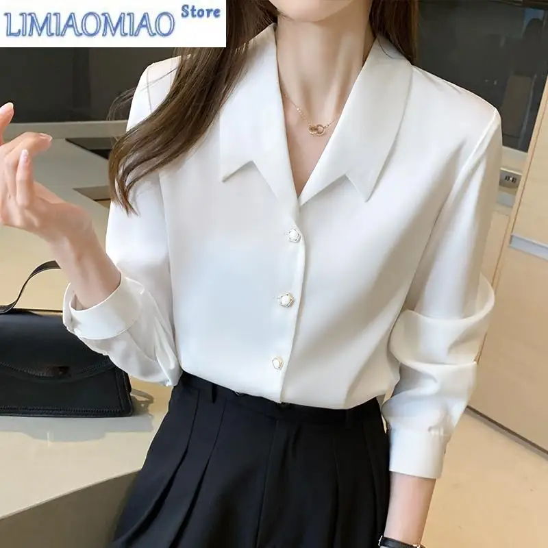 

Spring Autumn White Satin Women's Blouses New Long Sleeve Turn-down Collar Single Breasted Casual Korean Shirts Female