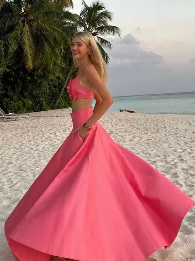 

Шикарный женский цветочный декор, топы на подтяжках, комплект платья, элегантные розовые карманы, свободная плиссированная макси-юбка, костюм, модная вечеринка, пляжная одежда