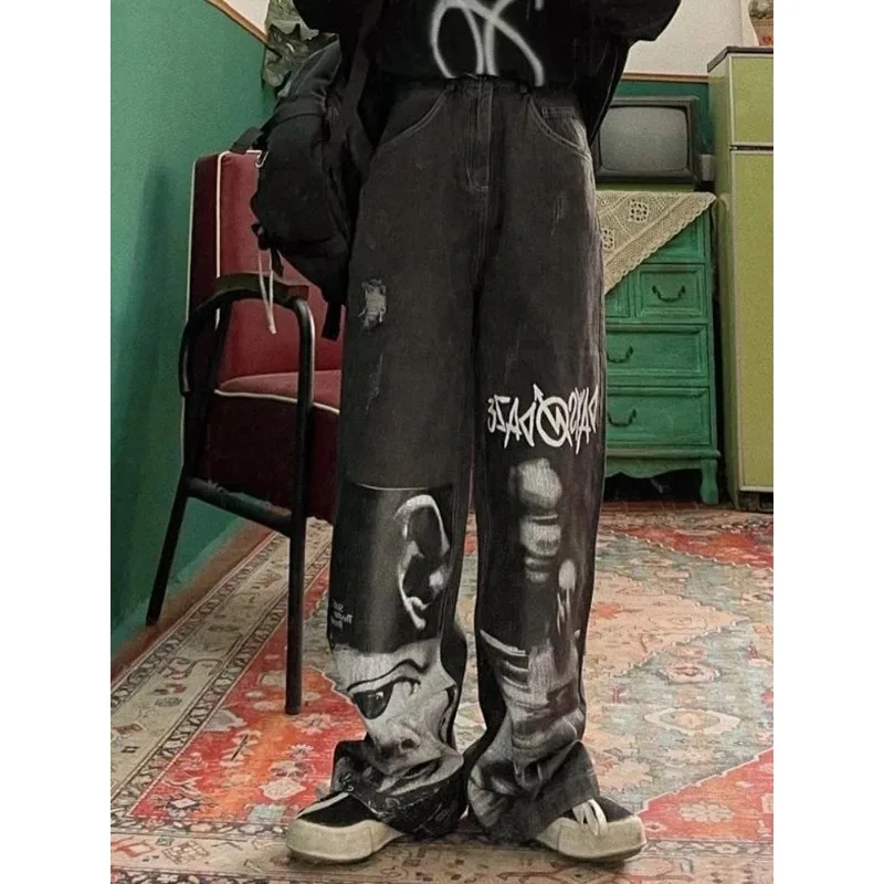 Deeptown Gothic Baggy Jeans Women Punk Hippie Streetwear Print Y2K Wide Leg Trousers Harajuku Grunge Denim Pants Vintage 90s