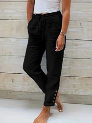 Women Loose Casual Elastic Waist Pants With Pockets Solid Color Female All Match Straight Black Long Trousers