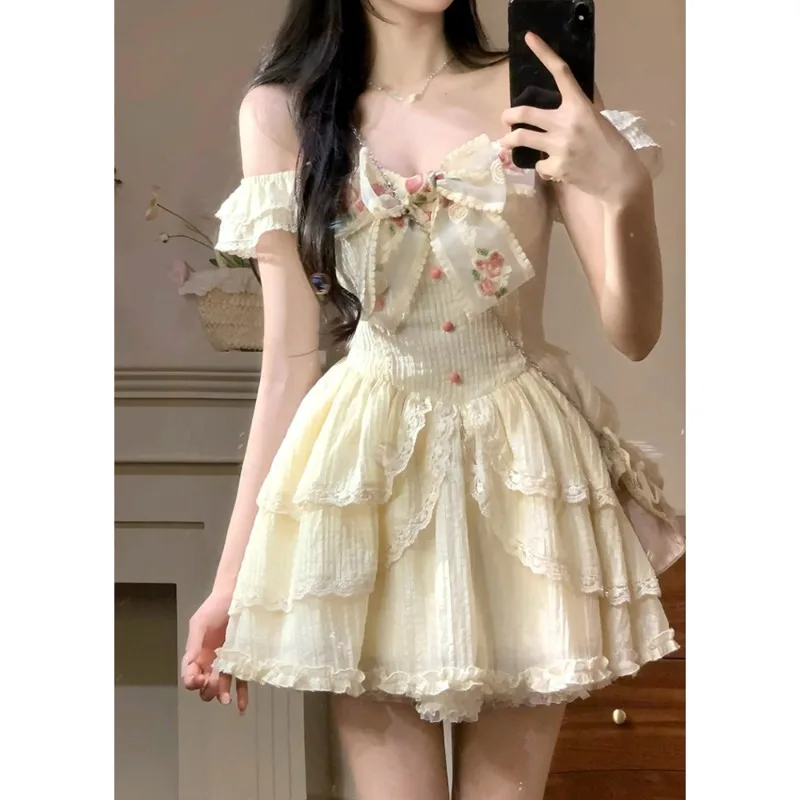 Sweet Kawaii Vintage Y2k Mini Fluffy Cake Dress Women Casual Lolita Lace Floral Bow Short Sleeve Dress Summer Evening Party Chic