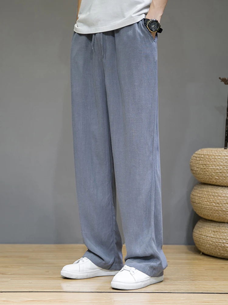 

Мужские высококачественные брюки свободного кроя с широкими штанинами, прямые, драпирующиеся, весна-лето, винтажные, из льна и хлопка, дышащие, комфортные