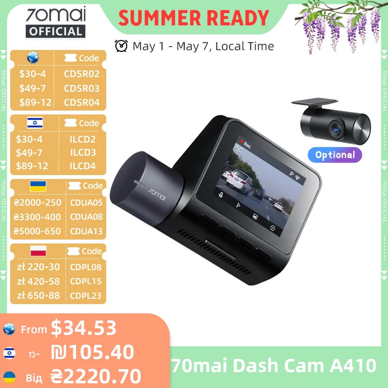 Nueva cámara de salpicadero 70mai A410 1440P 2,5 K imagen F1.55 GPS compatible con doble canal visión nocturna 24H estacionamiento versión mejorada. de 70mai A400