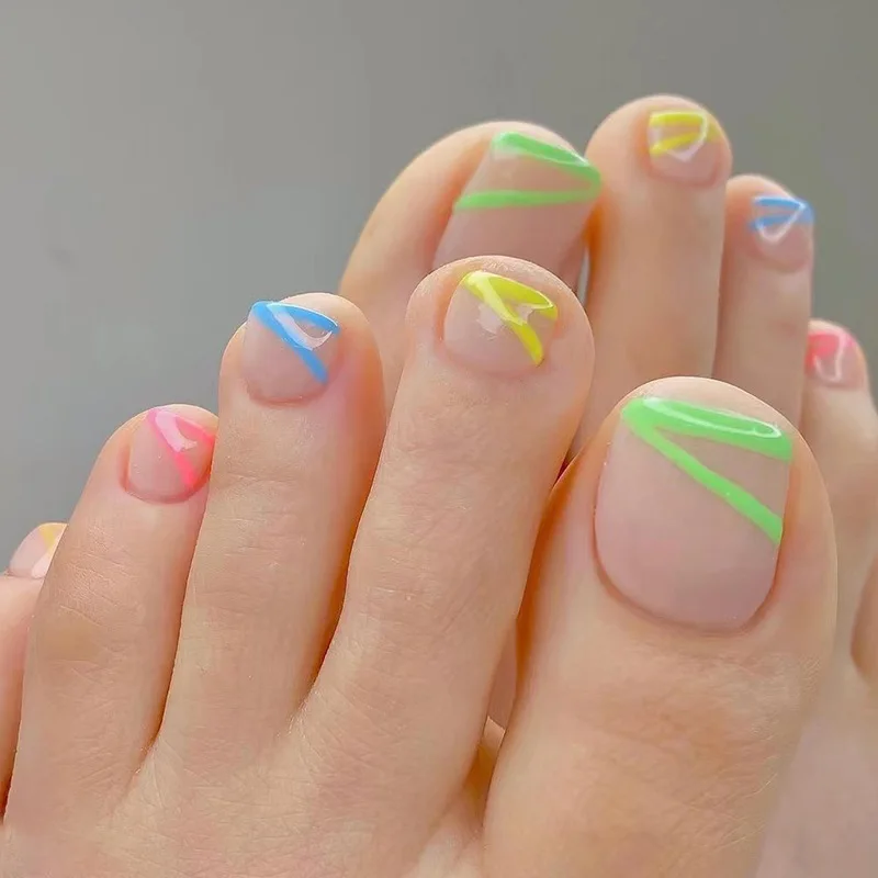 

24Pcs Toe Press on Nails - Green, Yellow, Blue & Pink Lines on Transparent Base | Multi-Color Design