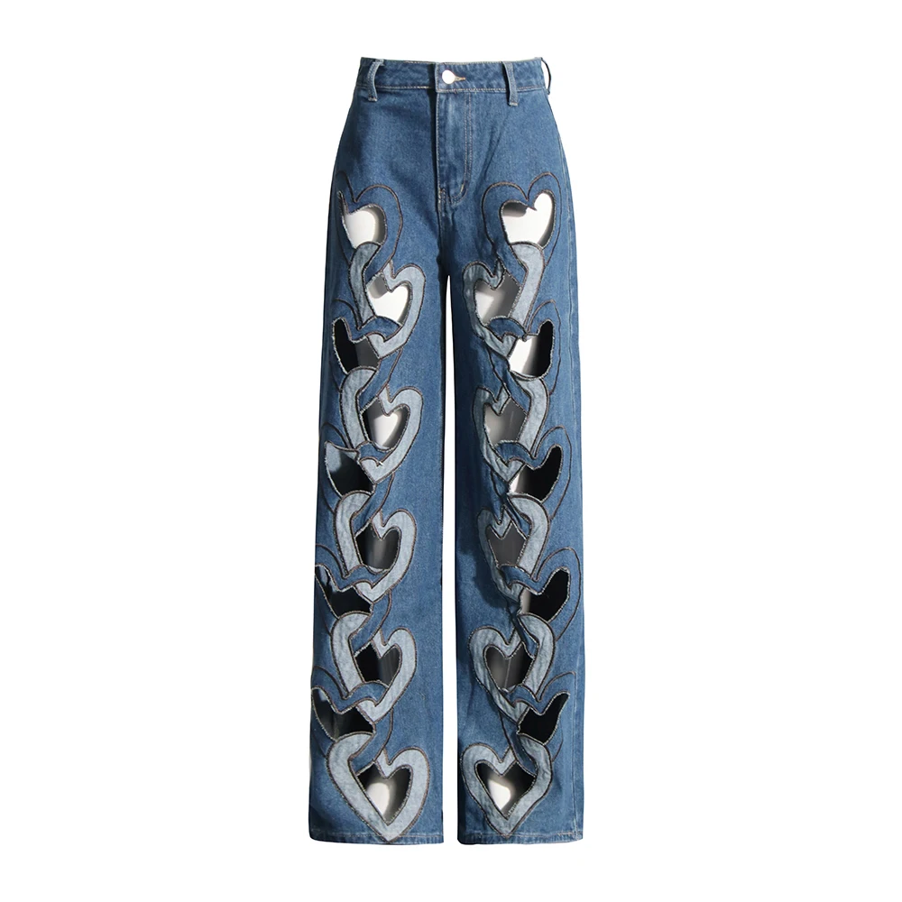 VGH Chic Heart Hollow Out Denim Trousers For Women High Waist Patchwork Button Streetwear Loose Straight Pants Female Fashion