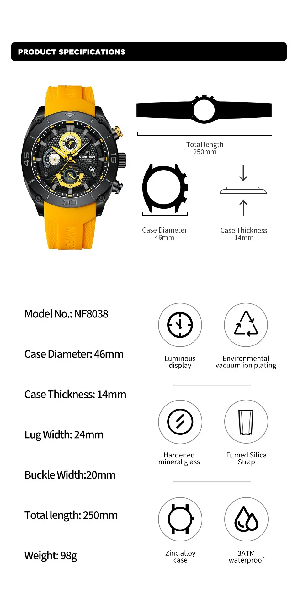 NAVIFORCE NF8038 Top Brand Men\'s Sport Watch Casual Silicone Strap Waterproof Luminous Chronograph Quartz Wristwatch