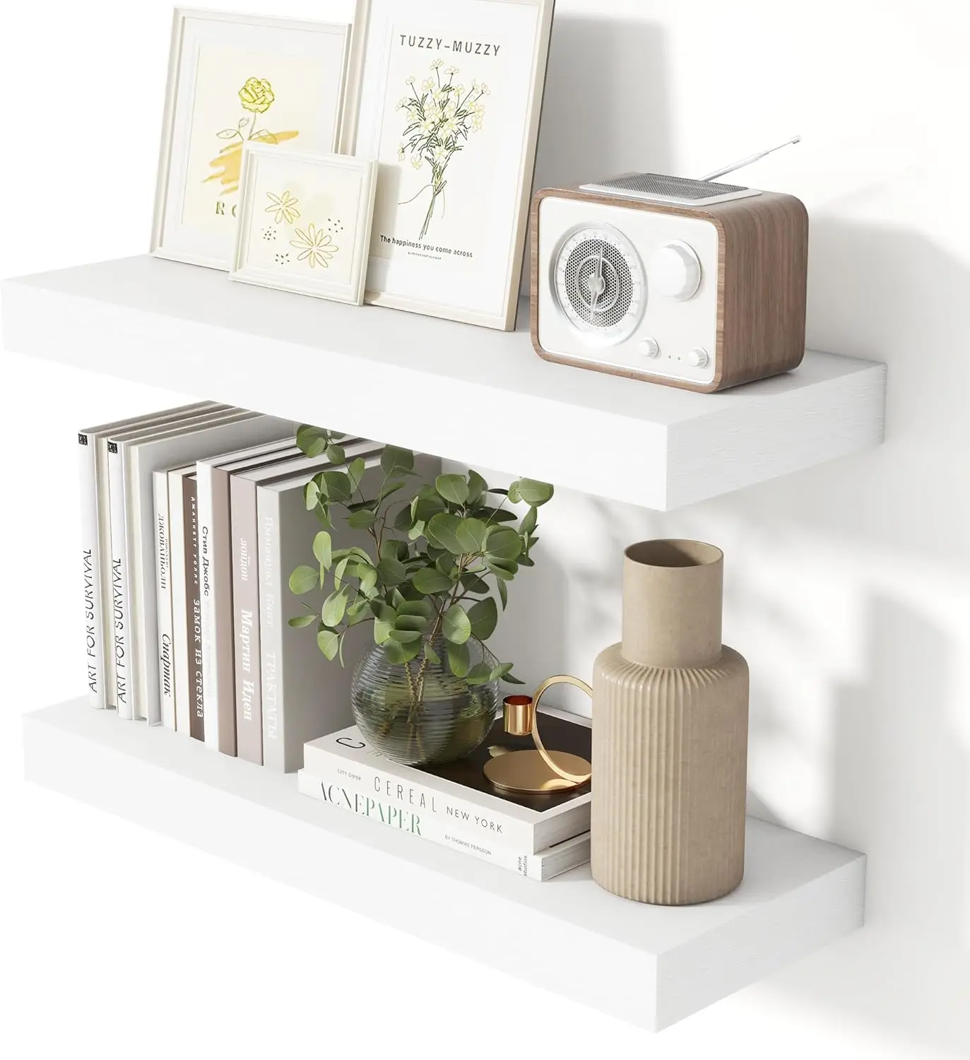 

24 Inch Floating Shelves for Wall White Shelves Set 2,Wall Mt Rustic Wood 8 Inch Deep Floating Shelf with Invisible Brackets