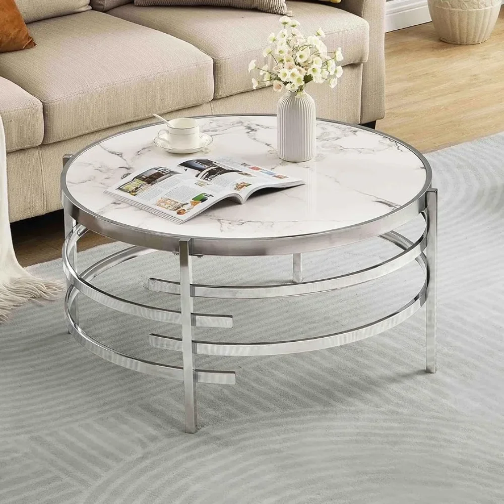 Coffee Table -32 "Artificial Marble Round Center Table Stone Metal Silver Coffee Table