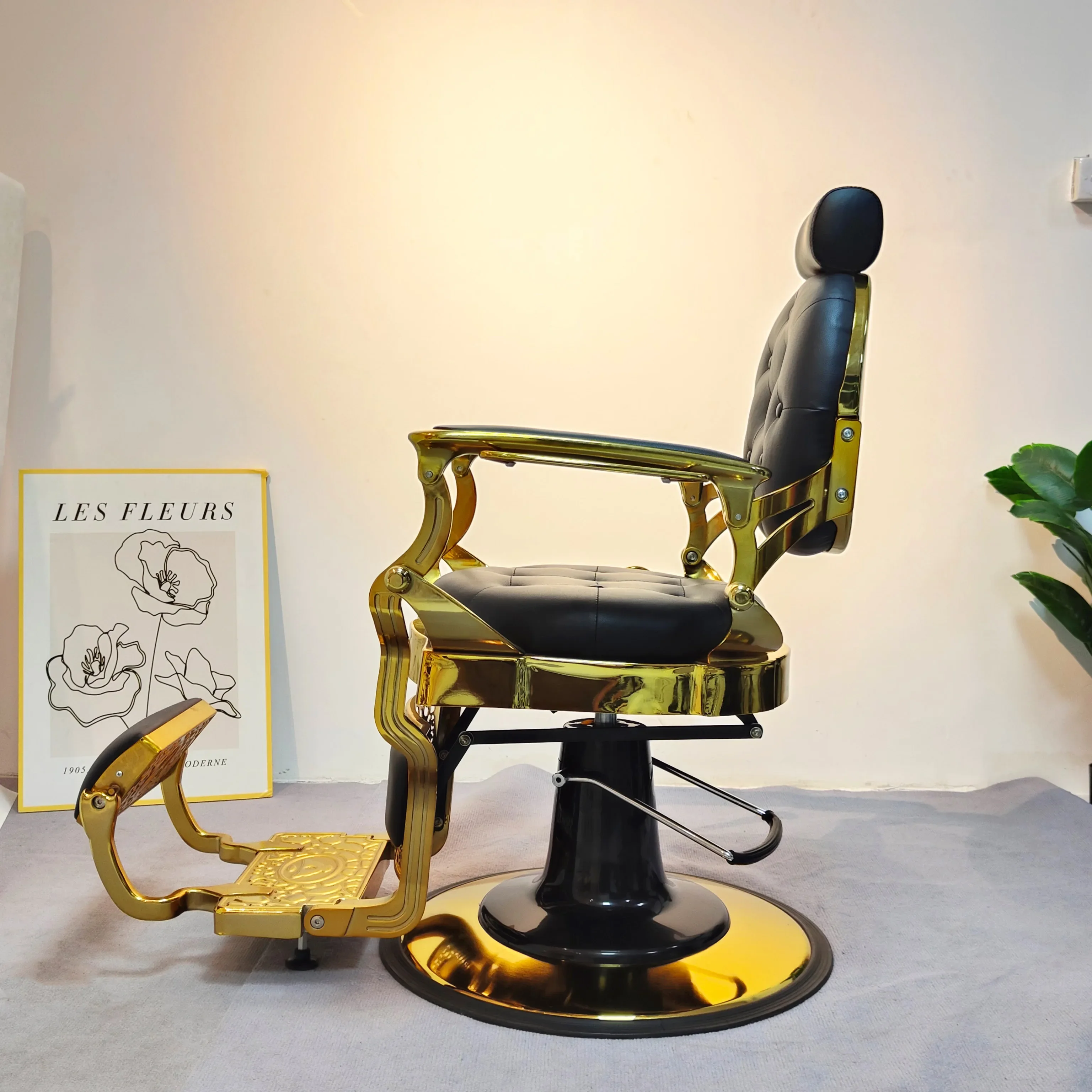 Vintage Black and Gold Barber Chair Professional Salon Styling Man Antique Recling Shaving Chair Belmont Barber Chairs