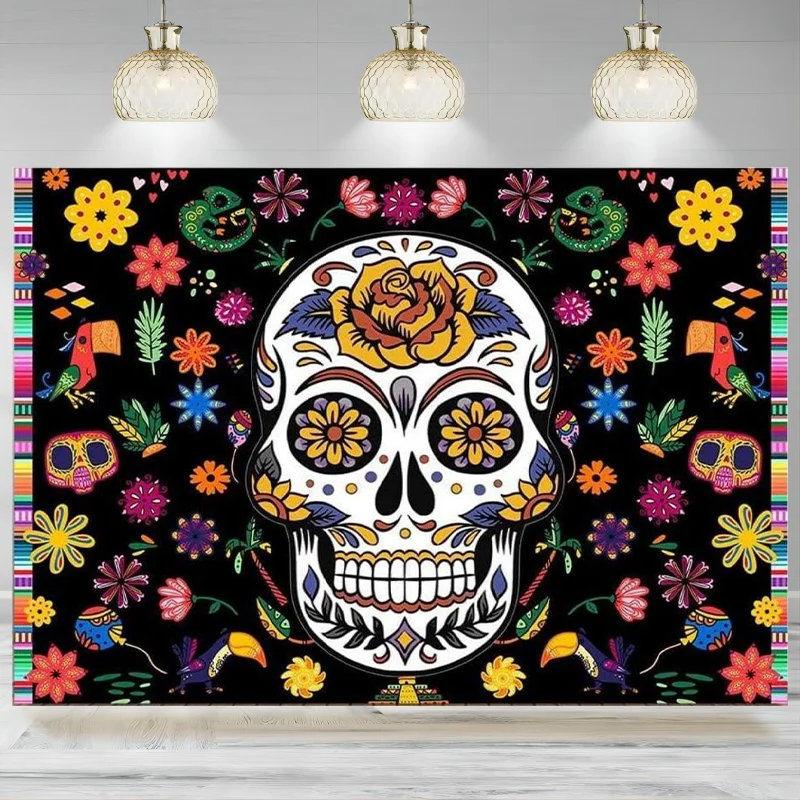 Day of The Dead Themed Photography Backdrop Birthday Party Decoration Mexican Fiesta Muertos Baby Shower Sugar Skull Background