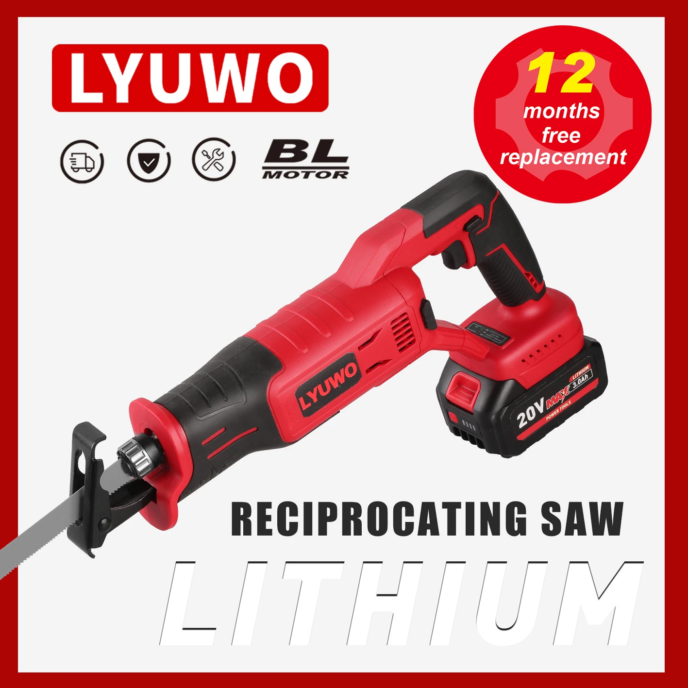 LYUWO Brushless reciprocating chainsaw, outdoor handheld chainsaw, universal logging lithium electric saber saw electric tools