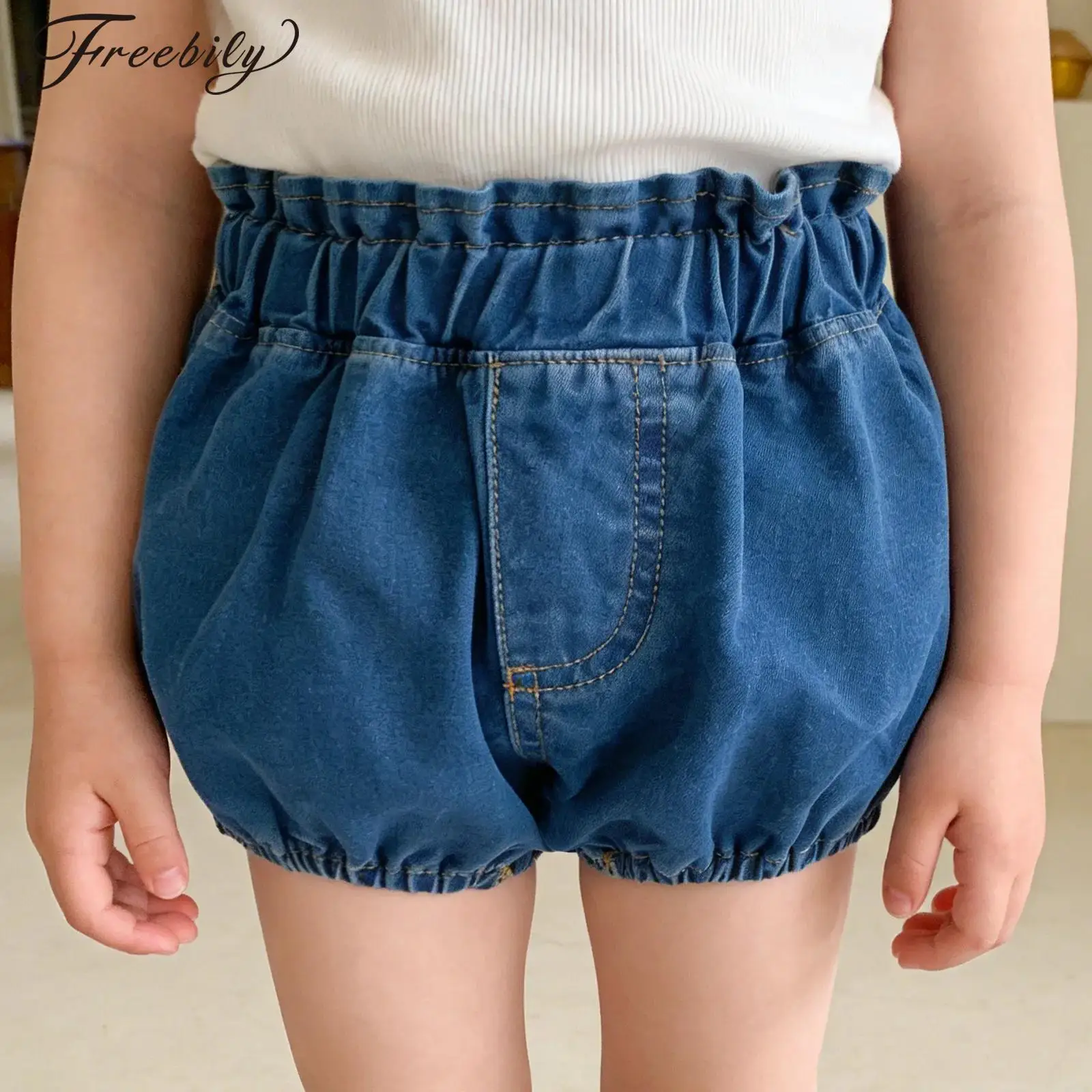 

Baby Girls Summer Cute Denim Bloomers Shorts Children Casual Elastic Waistband Loose Harem Shorts with Pockets Toddler Clothes