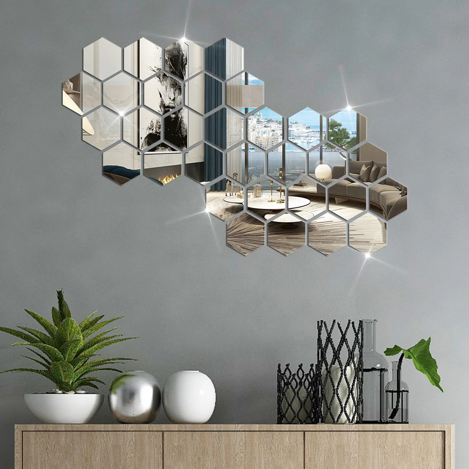 12PCS Acrylic Hexagonal Mirror Wall Sticker Self-Adhesive Tiles Suitable DIY Home Office Decor Stereo Mirror