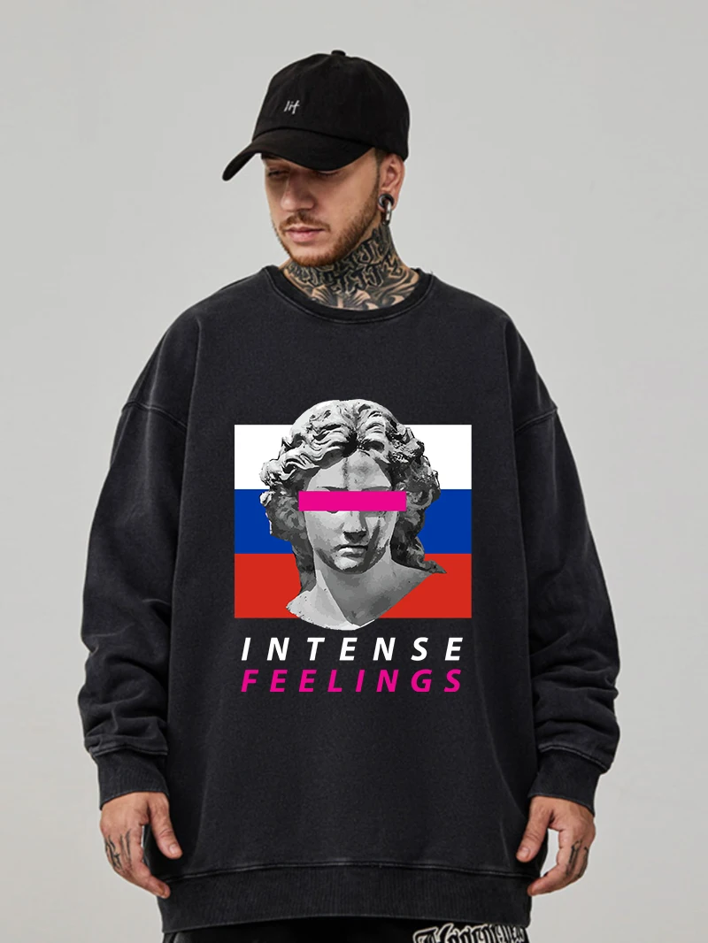 

Женские потертые толстовки большого размера, толстовки с принтом «Intense Feelings», осенние хлопковые пуловеры с круглым вырезом, повседневная одежда для пар