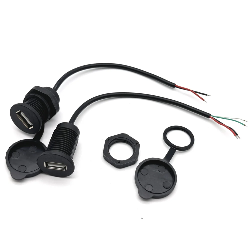 USB Female Port Convenient Mounting Threaded USB 2.0 Power Jack 2Pin 4Pin Charging Connector With Cable USB Charger Socket