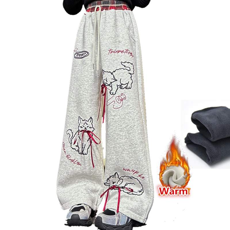 Winter Pants for Girls Soft Corduroy Long Trousers Warm Comfortable School Children Clothes Kids Cartoon Cat Thermal Sweatpants