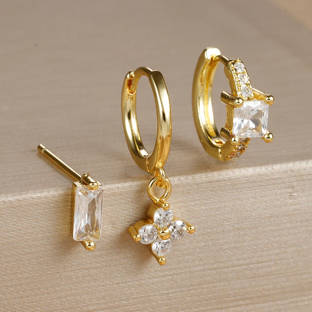 3PCS Fashion Stainless Steel Geometric Square Hoop Earring Set For Women Sparkling Colorful Zircon Earring Piercing Jewelry Gift