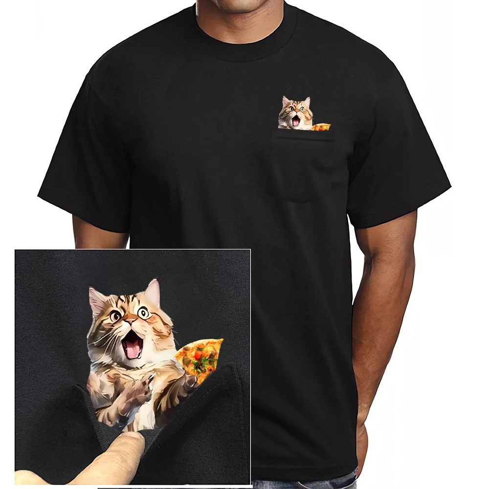 CLOOCL Sausage Pizza Cats Cotton T-Shirts Funny Kitten Printed Pocket T-shirt Mens Women Clothing Short Sleeve Shirts