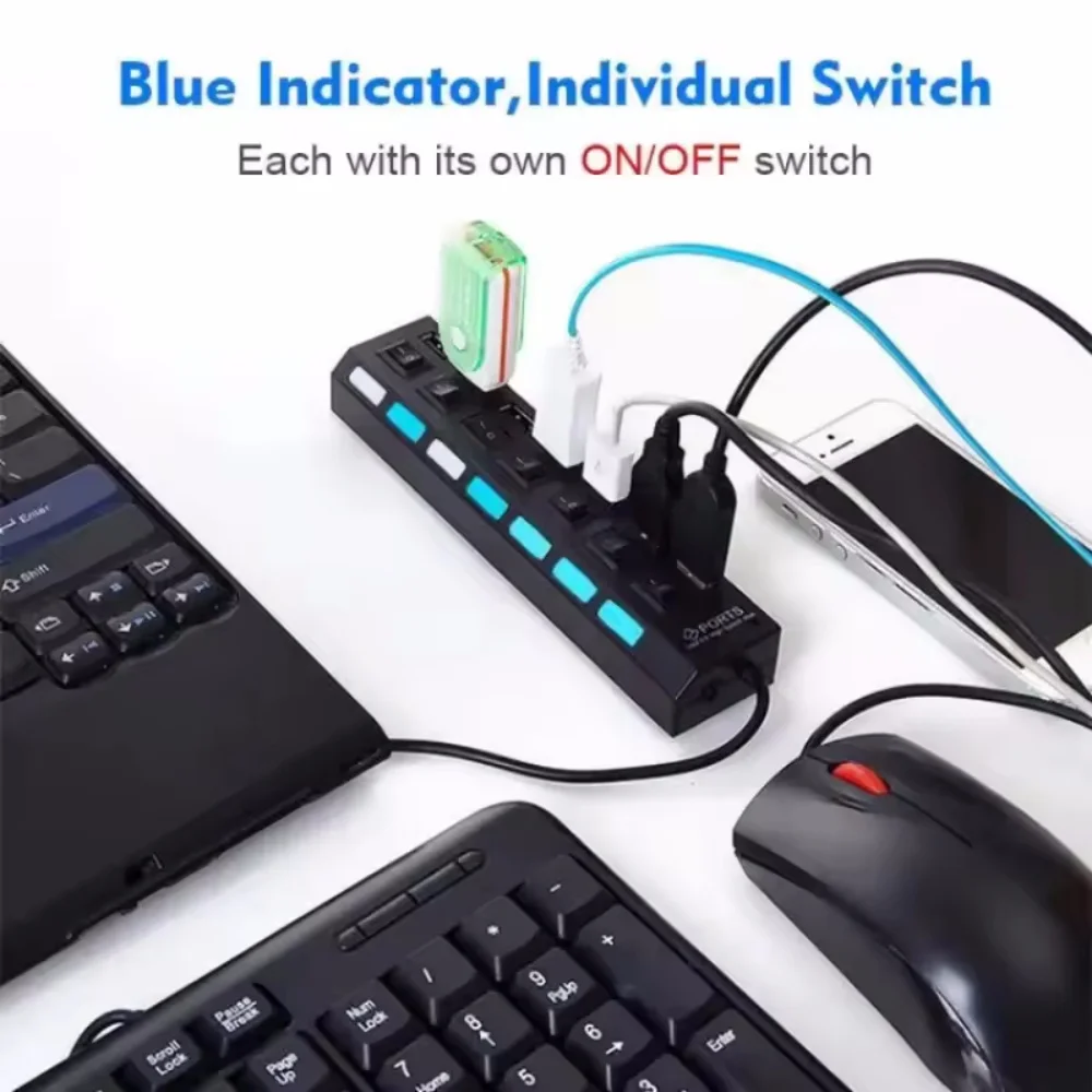 Picture 6: 4/7 Port with LED Light USB 2.0 Adapter Hub with Independent Power on Off for Computers Tablets Supports Data Transmission