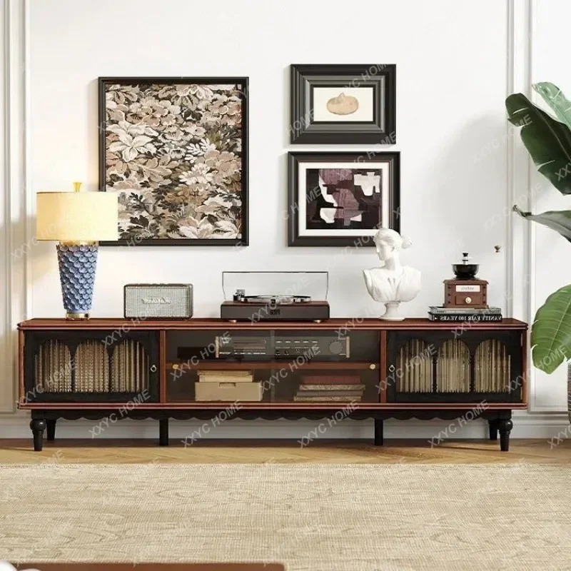 

HMJ solid wood TV cabinet retro living room coffee table small apartment combination locker storage black TV