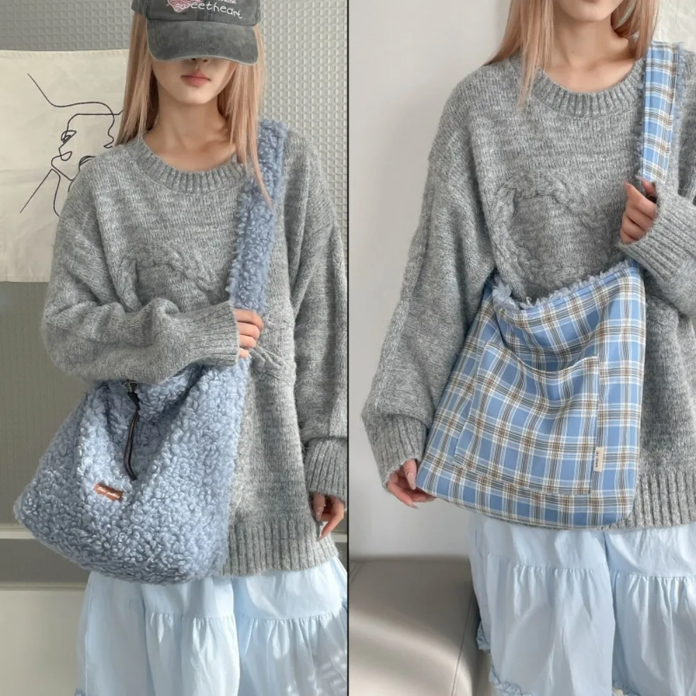 

Casual Lamb Wool Shoulder Bag Double-sided Fluffy Crossbody Tote Bag Soft Large Capacity Shopping Bucket Bag