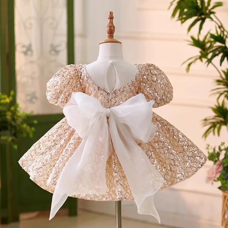 New luxury Birthday dance Party Dresses for Girls wedding golden sequin Big bow Tutu Fluffy kids baby Tulle Flower Girl Dress