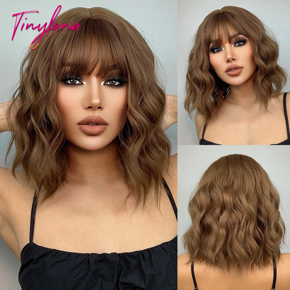 Short Wavy Honey Brown Copper Synthetic Wigs with Bangs Cosplay Lolita Bob Wig for Women Afro Daily Natural Heat Resistant Hair