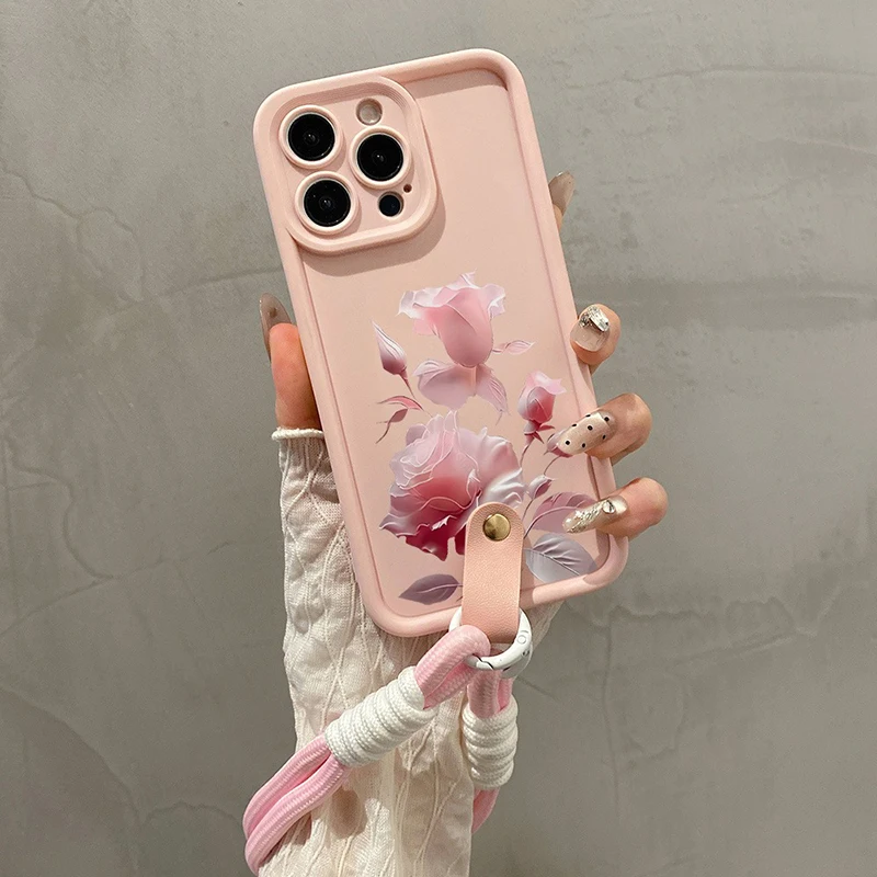 

Luxury Pink Rose Hand Strap Phone Case For iPhone 16 Pro Max 11 12 13 14 15 Pro 16E XS X XR 7 8 Plus Shockproof Silicone Cover