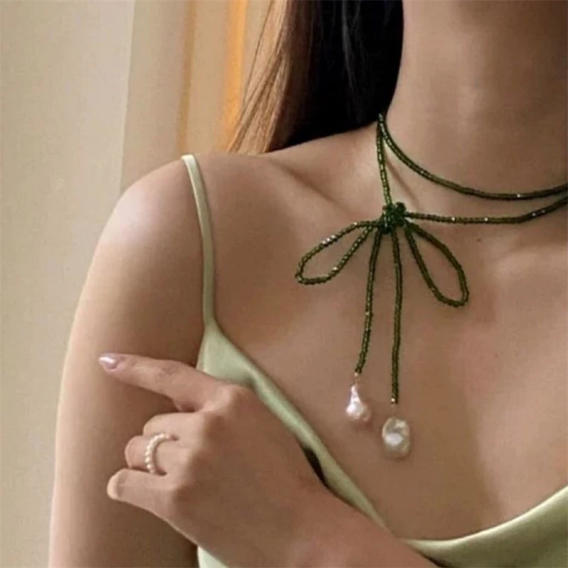 Vintage grüne Kristallperlen-Anhänger-Halskette für Frauen, minimalistische handgefertigte Perlen, lange verstellbare Halskette, Halskette, Schmuck – Detail 8