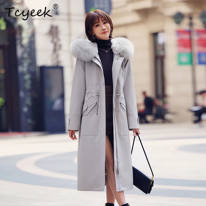 Tcyeek 가을 겨울 탈부착 가능한 수달 토끼털 안감 가을 겨울 고급 후드 롱 여성 파카 퍼 여성용