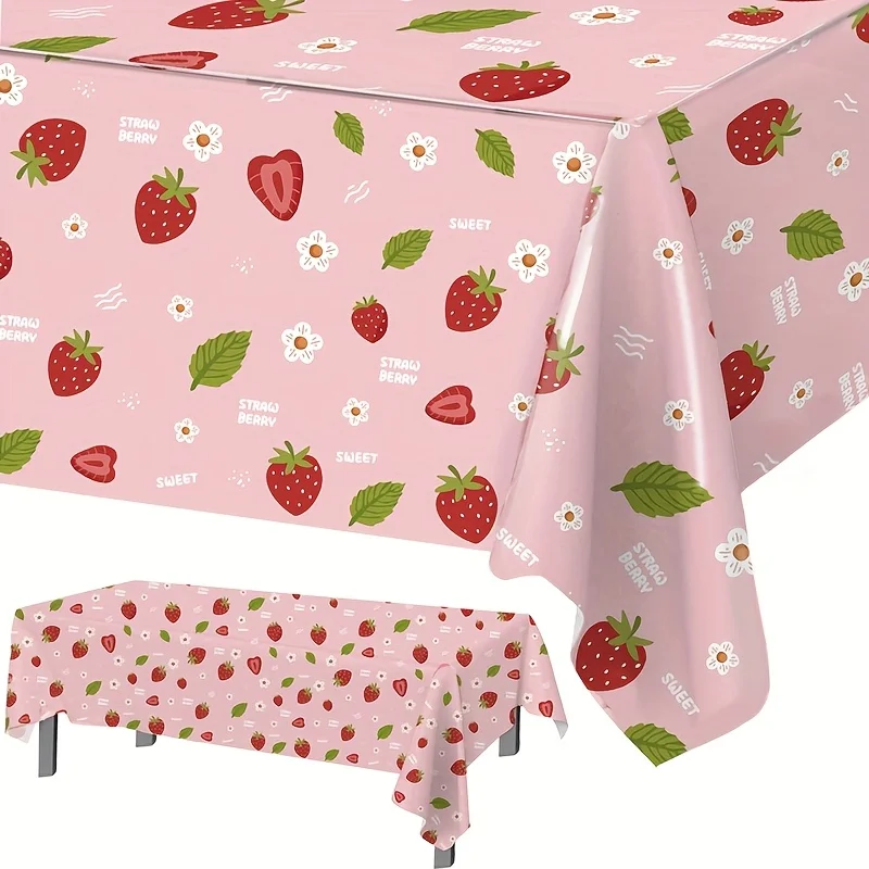 1pc, Pink Strawberry Theme Tablecloth, 86.61 X 51.18inch, Disposable PE Table Cloth, Sweet Strawberry Theme Party Table Decor, H