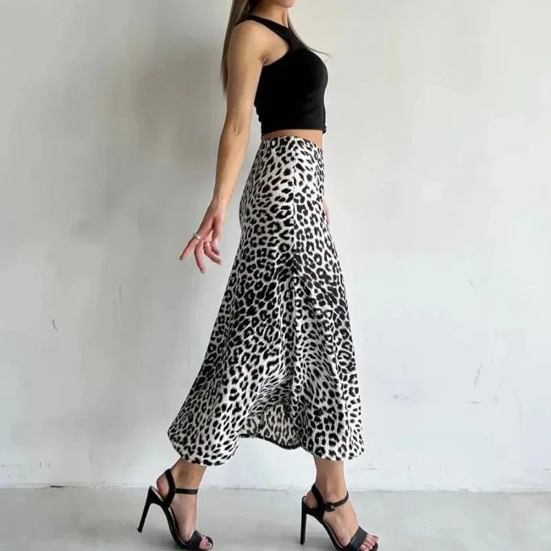 Korean Fashion Women Skirt Satin Lady\'s Elastic Vintage Ankle-Length A Line Skirts for Women High Waist Sexy Leopard Print Skirt